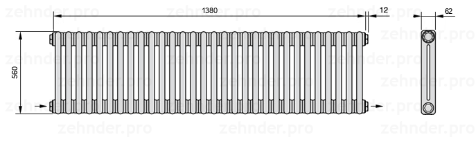 Схема (чертеж) Радиатор Zehnder Charleston 2056/30 №2670 Белый глянцевый RAL 9016